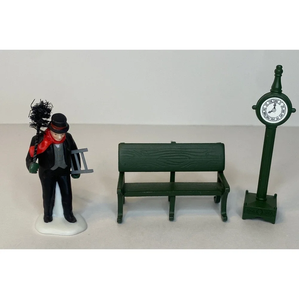 Vintage Dept 56 Town Clock 51101 Green Metal W/ Bench + Chimney Sweep Man 5569-7